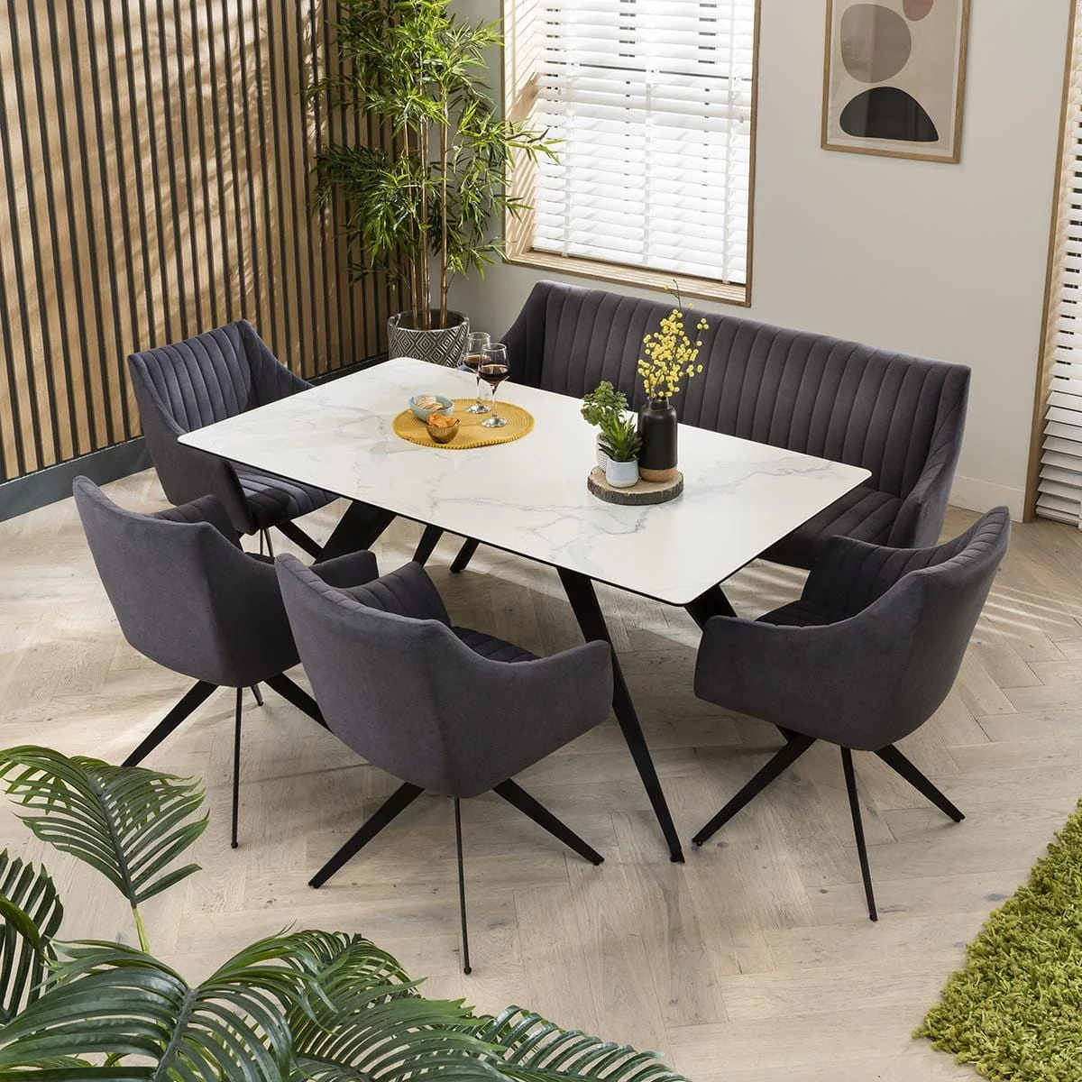 Zena 6 Seater Ceramic Bench Dining Set Grey & White – image 2