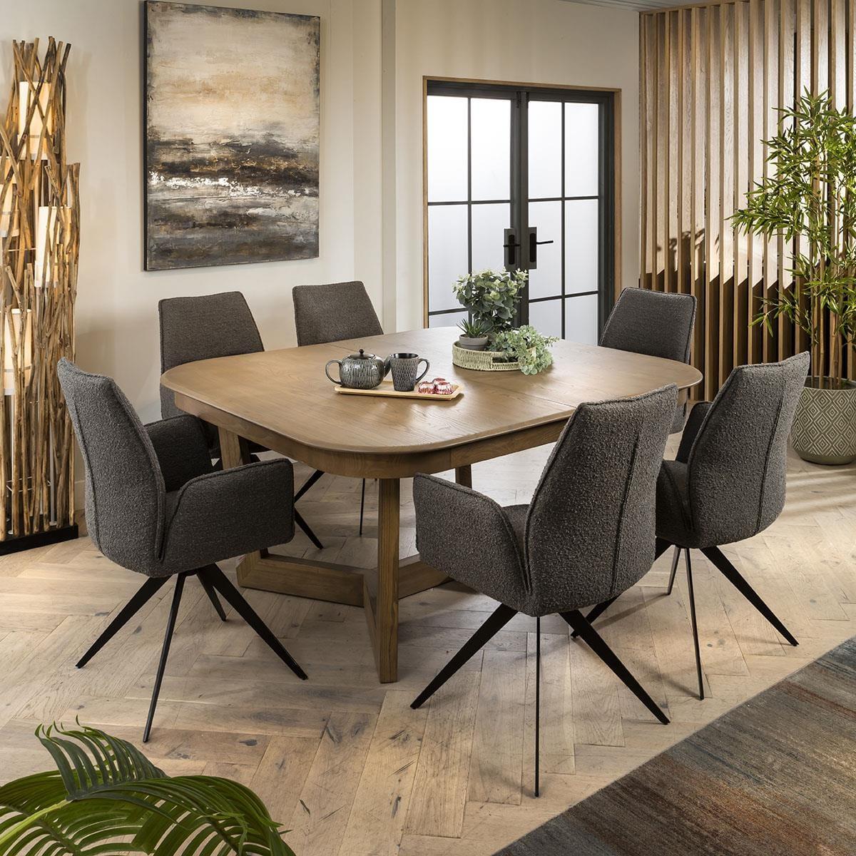 6 Chair Stained Solid Wood Extending Dining Set Grey Boucle 160-230cm – image 2