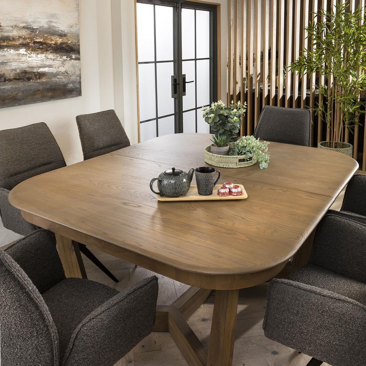 6 Chair Stained Solid Wood Extending Dining Set Grey Boucle 160-230cm – image 3