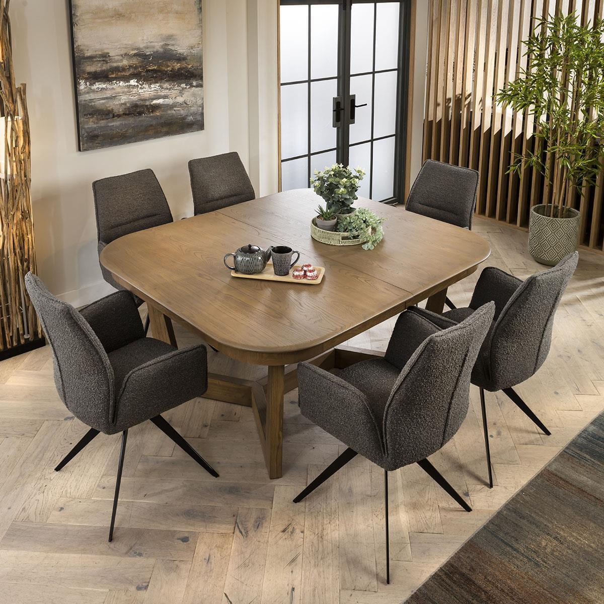 6 Chair Stained Solid Wood Extending Dining Set Grey Boucle 160-230cm – image 1