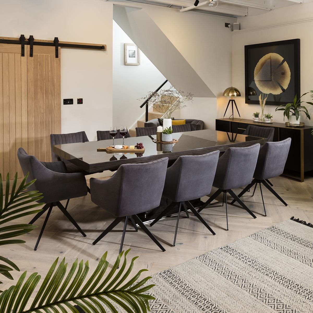 Large 10 Seater Large Gloss Grey Oak Dining Table and Luxury Swivel Chairs – image 3