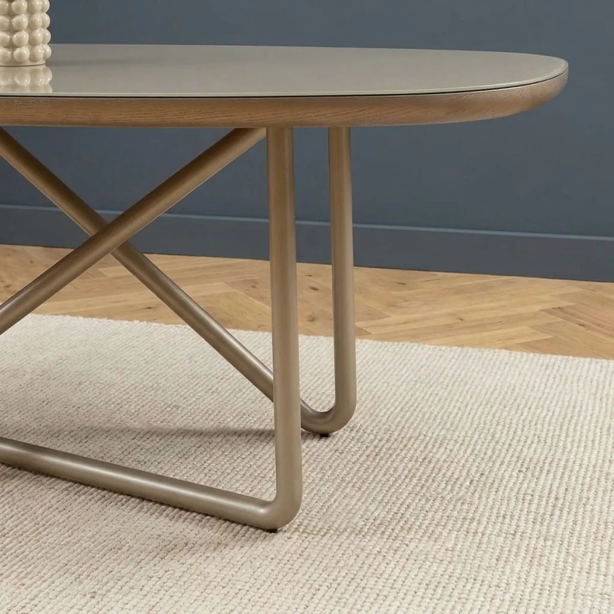 Modern 8 Seater Silver-Gold Oval Glass Dining Table and Chairs Sets Cream Hopsack – image 2