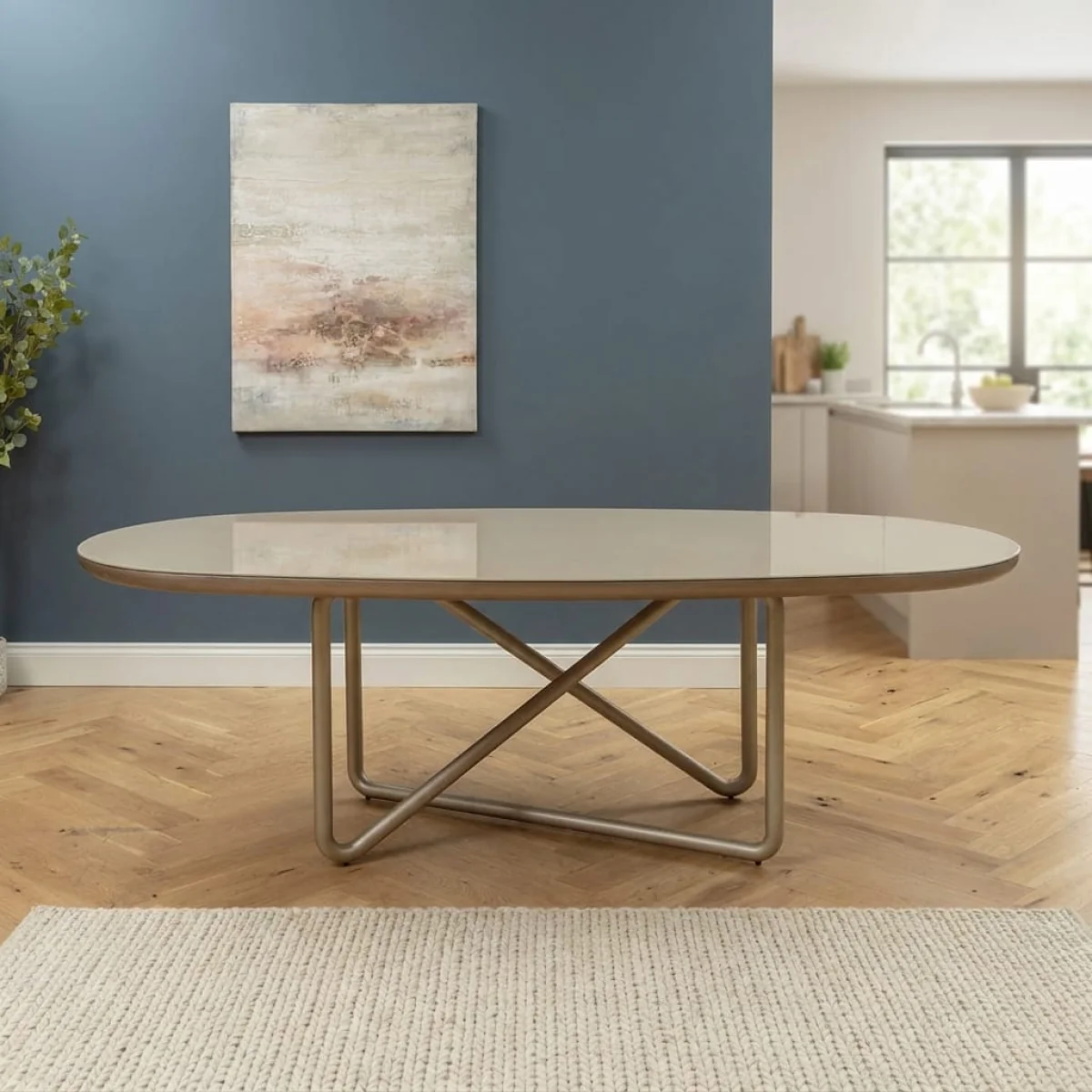 Modern 8 Seater Silver-Gold Oval Glass Dining Table and Chairs Sets Cream Hopsack – image 3