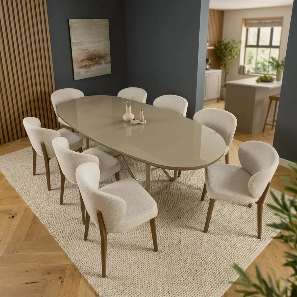 Modern 8 Seater Silver-Gold Oval Glass Dining Table and Chairs Sets Cream Hopsack – image 6