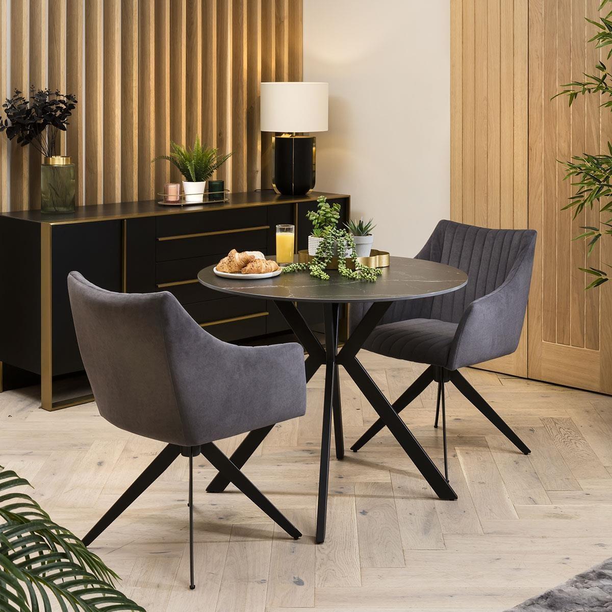 Quatropi 2 Person Round Dining Table And Chairs - Black Ceramic Marble - Grey Chairs – image 3
