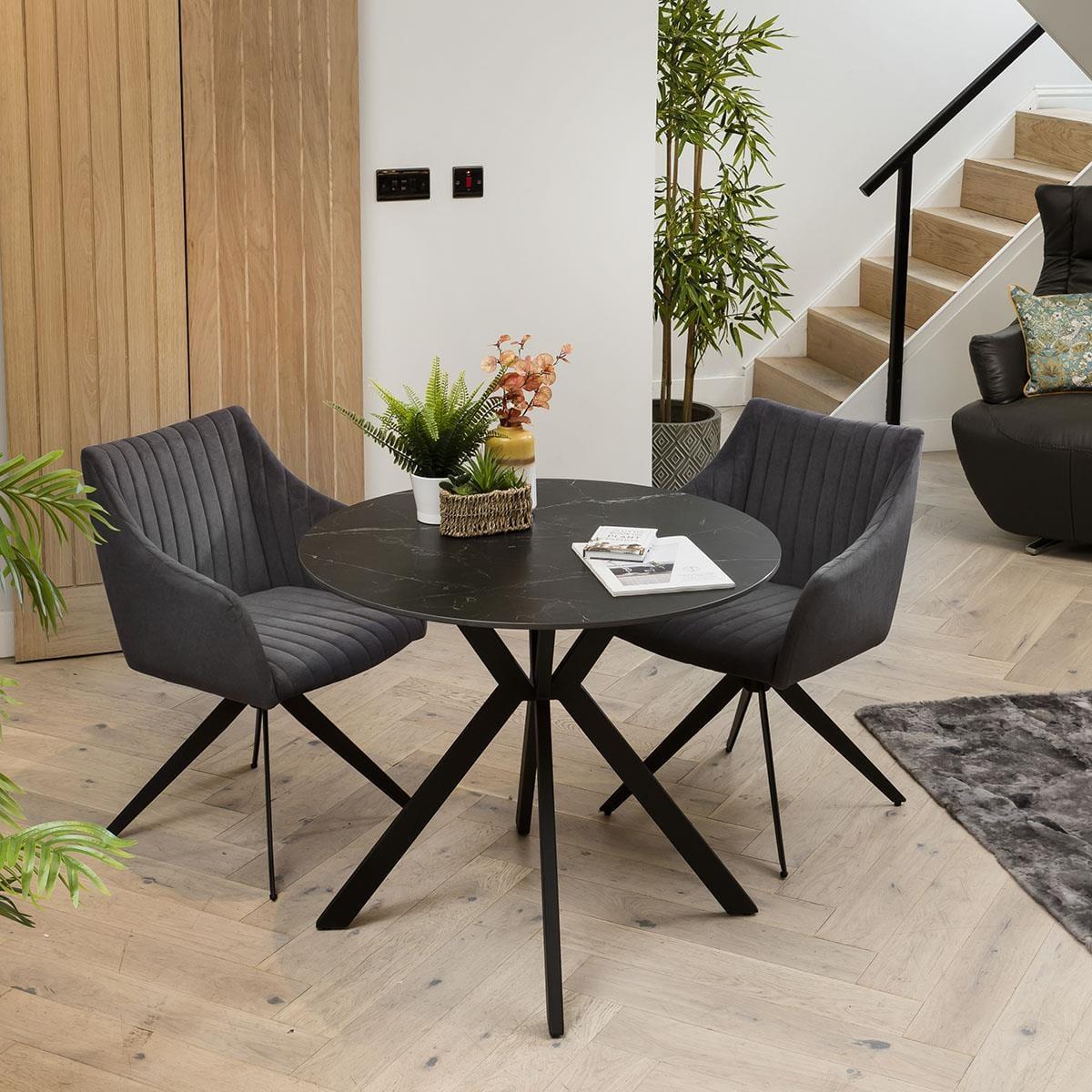 Quatropi 2 Person Round Dining Table And Chairs - Black Ceramic Marble - Grey Chairs – image 1