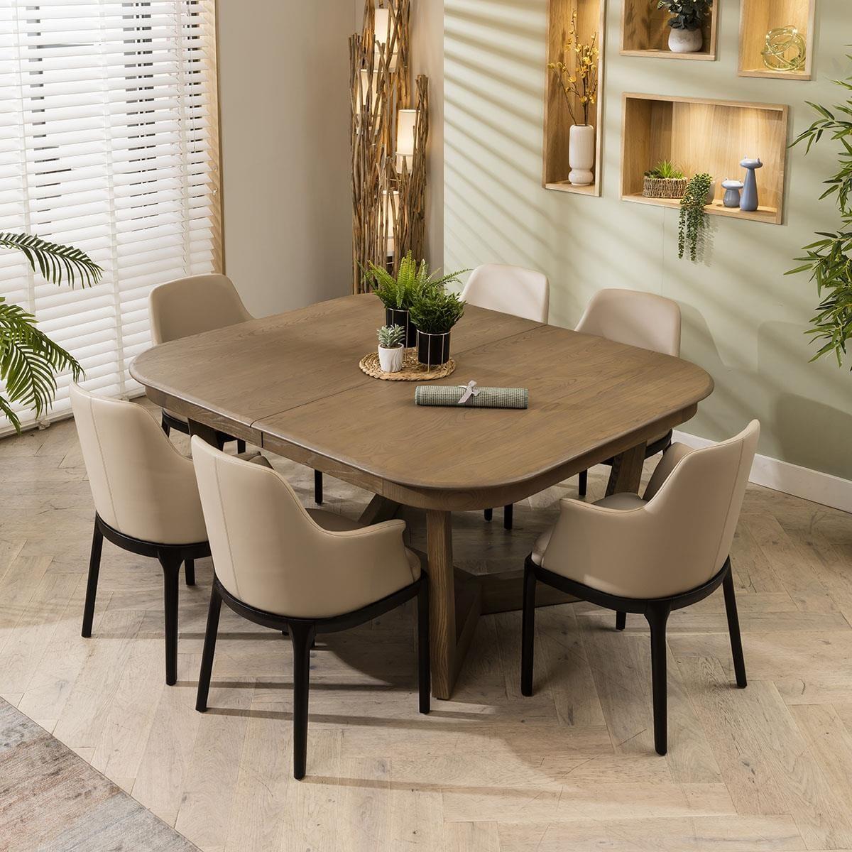 6 Seat Stained Wooden Extending Dining Table And Chairs Set Beige Leather – image 2