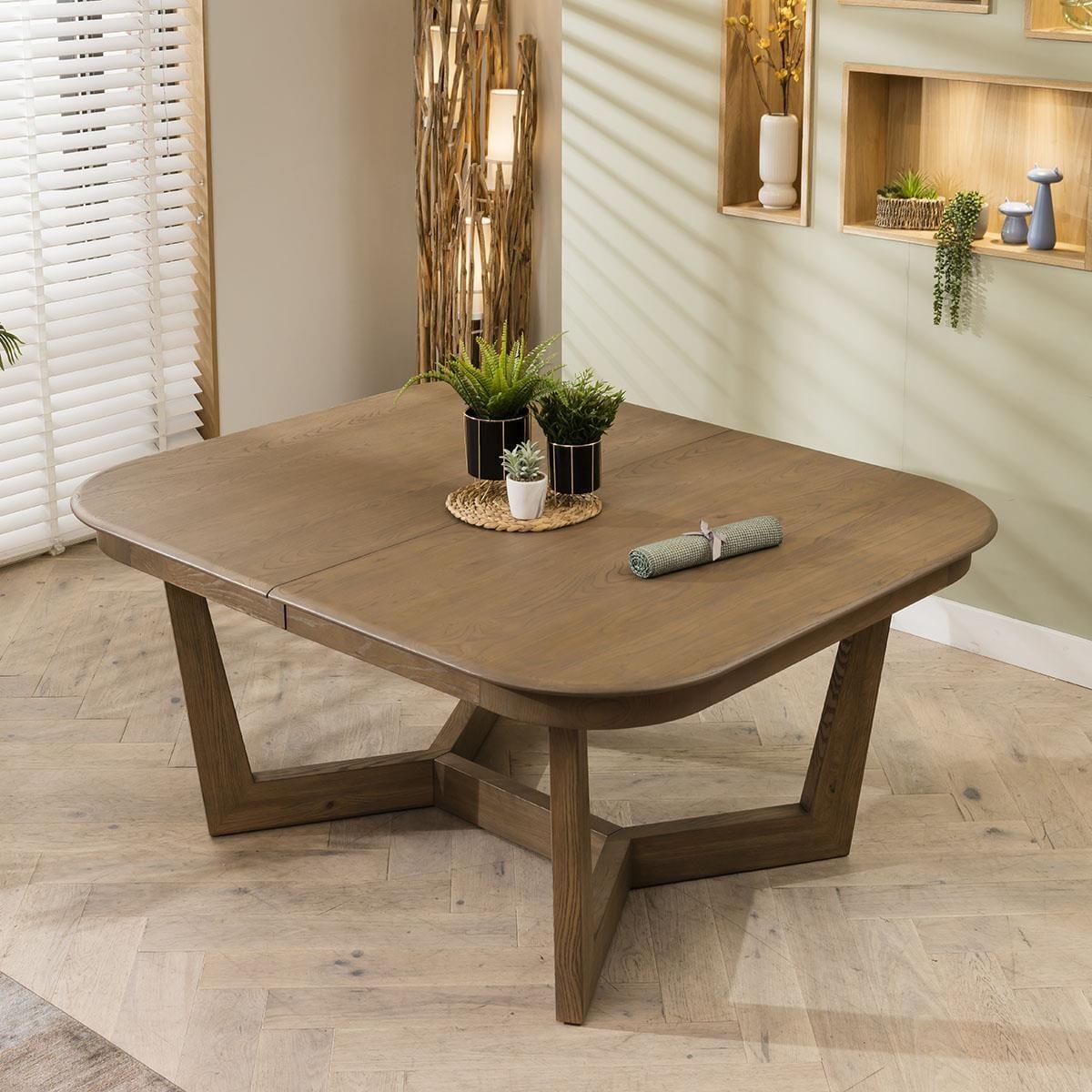6 Seat Stained Wooden Extending Dining Table And Chairs Set Beige Leather – image 3