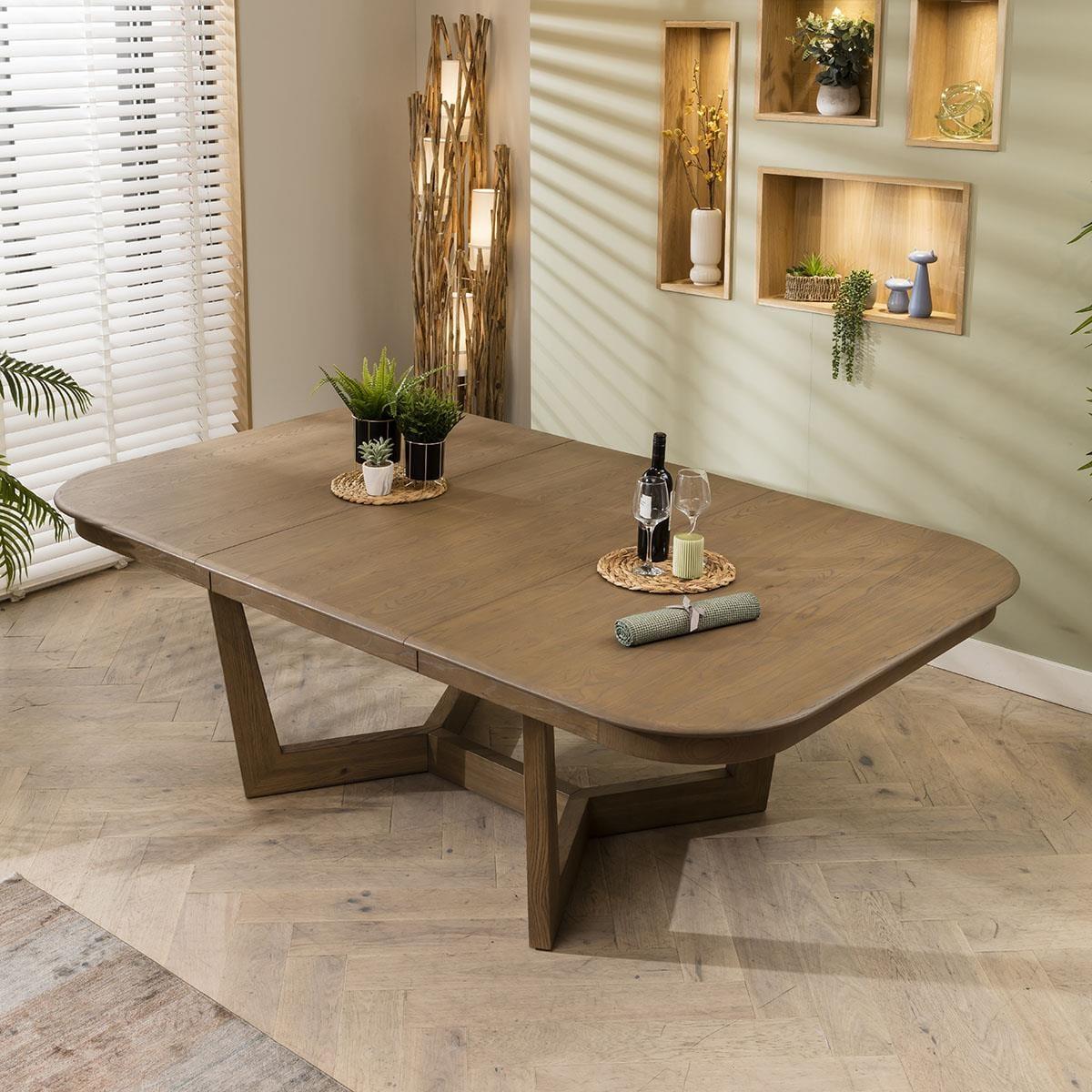 6 Seat Stained Wooden Extending Dining Table And Chairs Set Beige Leather – image 4