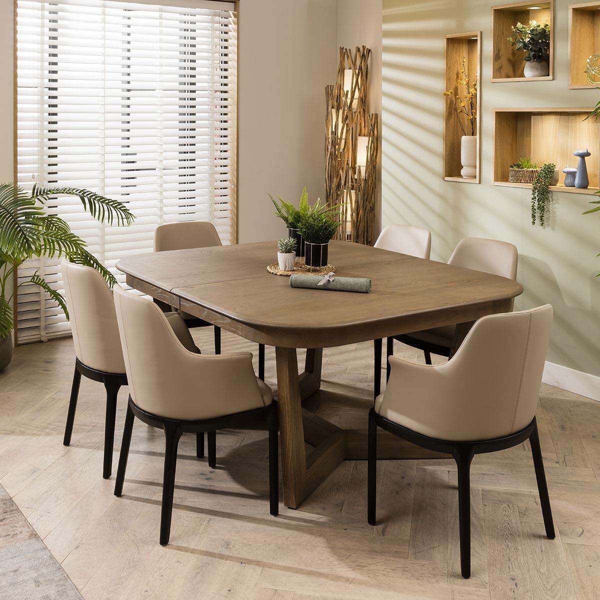 6 Seat Stained Wooden Extending Dining Table And Chairs Set Beige Leather – image 1