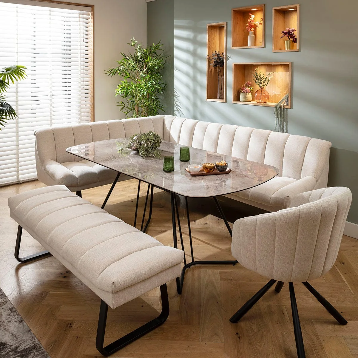 Modern 9 Seater Extendable Corner Bench Dining Set Stone & Grey Ceramic RBB1 – image 2