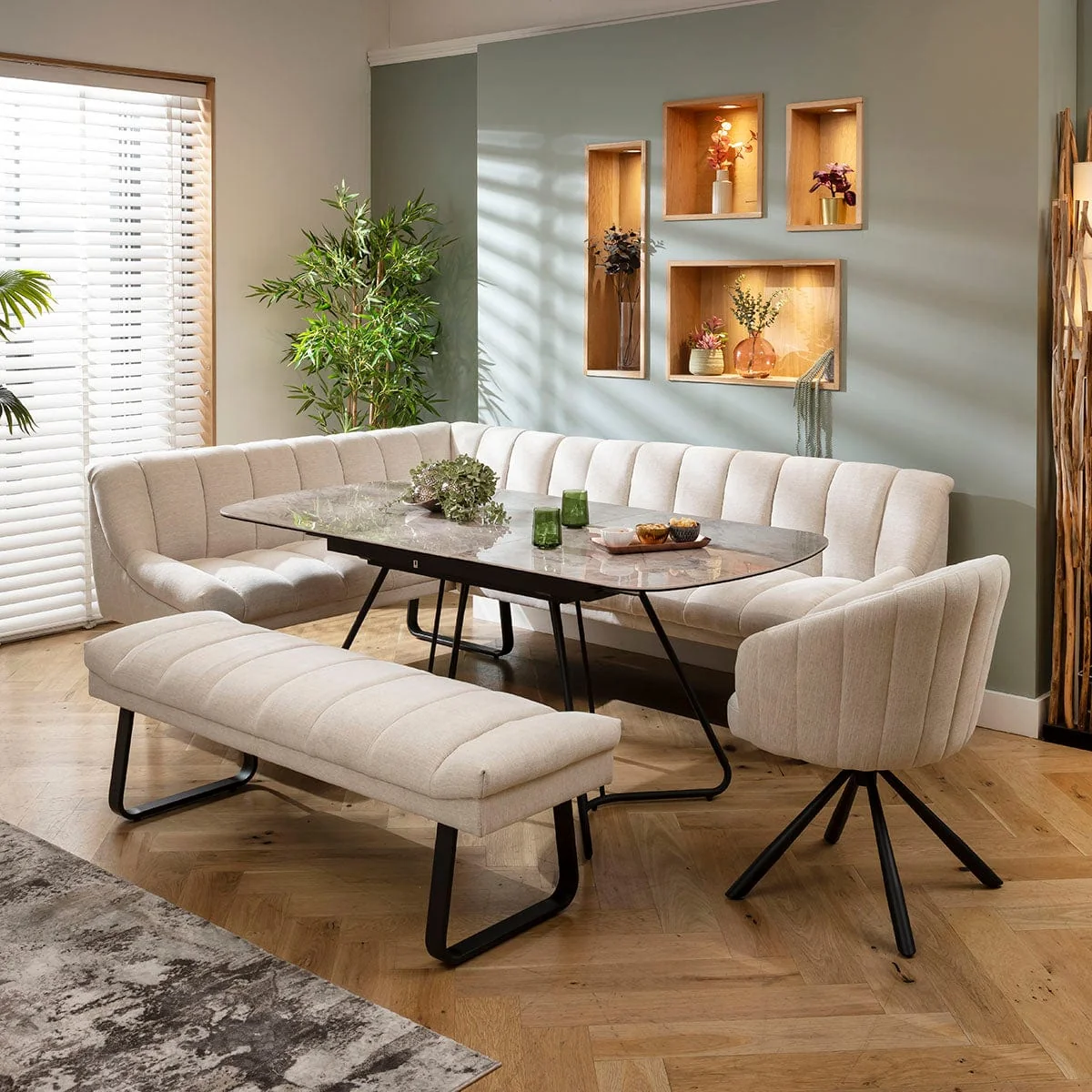 Modern 9 Seater Extendable Corner Bench Dining Set Stone & Grey Ceramic RBB1 – image 6