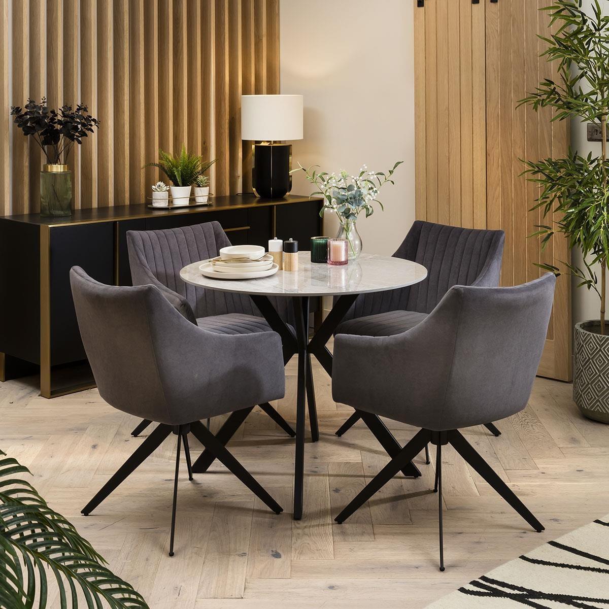 Compact Round 4 Seater Dining Set - Grey Ceramic Marble Table & 4 Premium Chairs – image 2