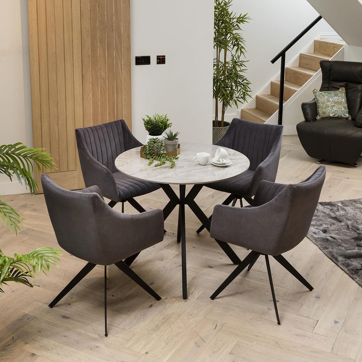 Compact Round 4 Seater Dining Set - Grey Ceramic Marble Table & 4 Premium Chairs – image 4