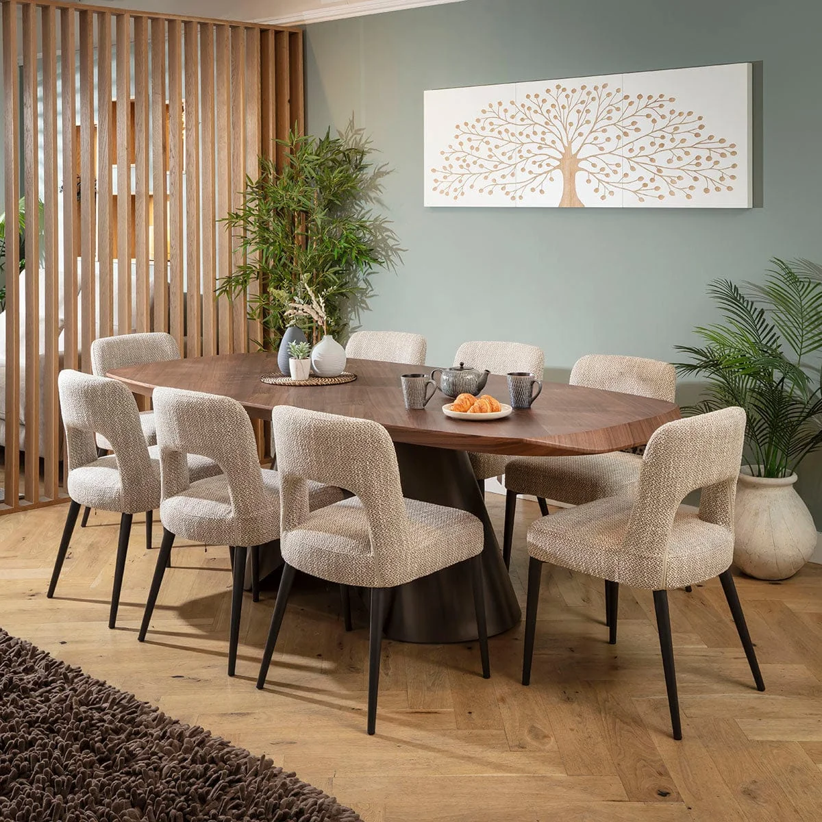 Large Modern 8 Seater Dining Table and Chairs Set Brown Walnut Wood – image 1