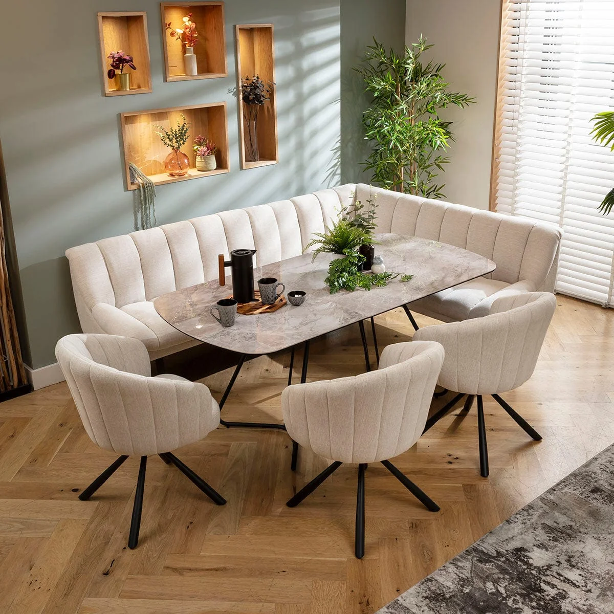Modern 8 Seater Extendable Corner Bench Dining Set Stone & Grey Ceramic L3 – image 2