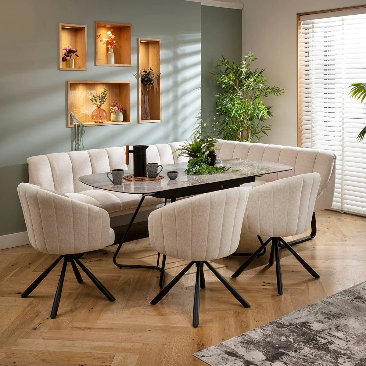 Modern 8 Seater Extendable Corner Bench Dining Set Stone & Grey Ceramic L3 – image 5