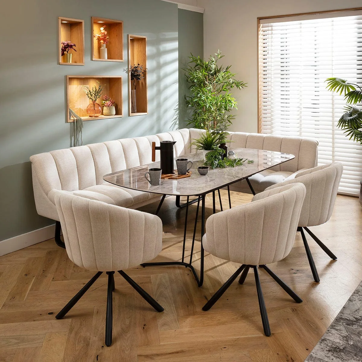 Modern 8 Seater Extendable Corner Bench Dining Set Stone & Grey Ceramic L3 – image 1