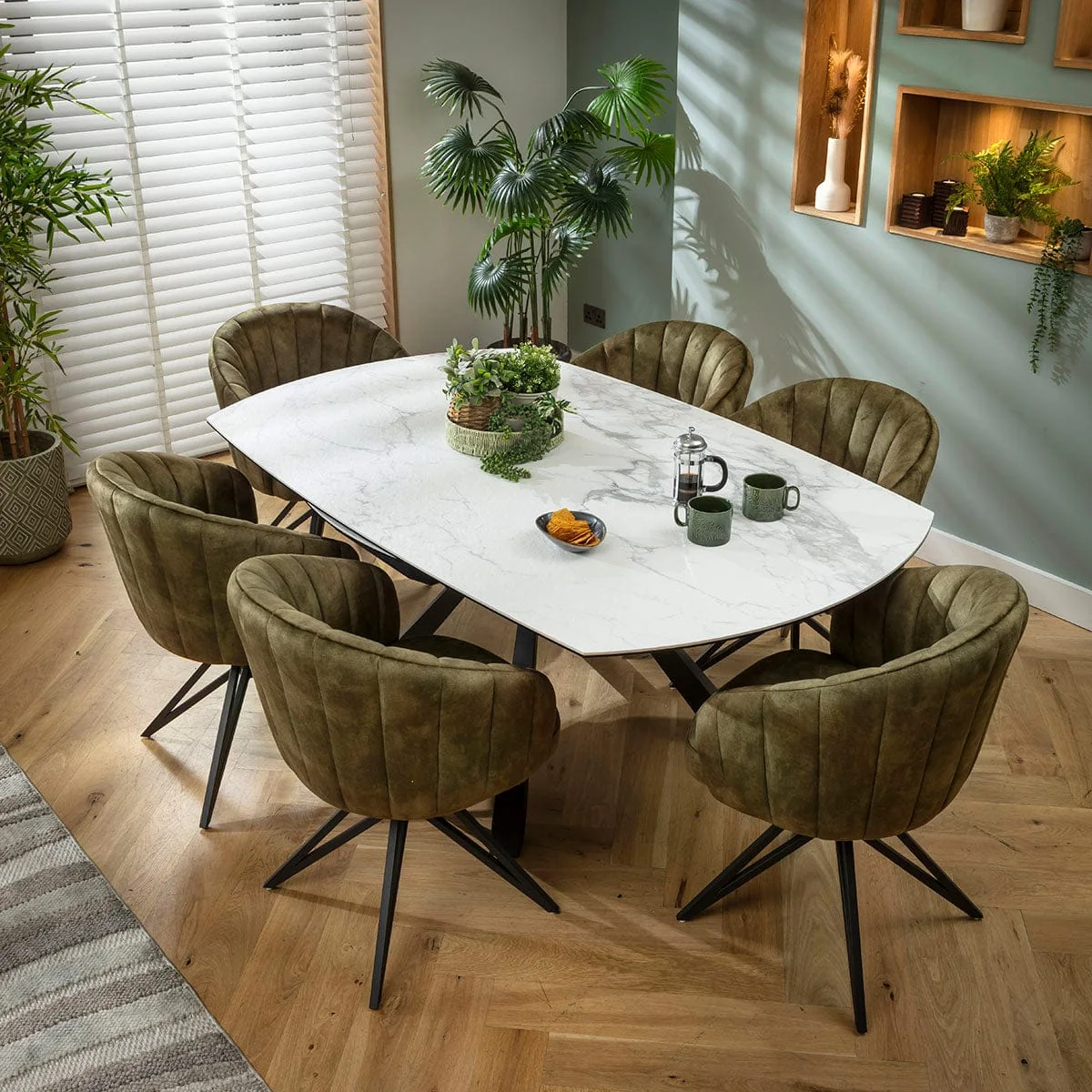 Modern Round Extendable Dining Table and Chairs 6 Seater Set Green White Ceramic – image 2