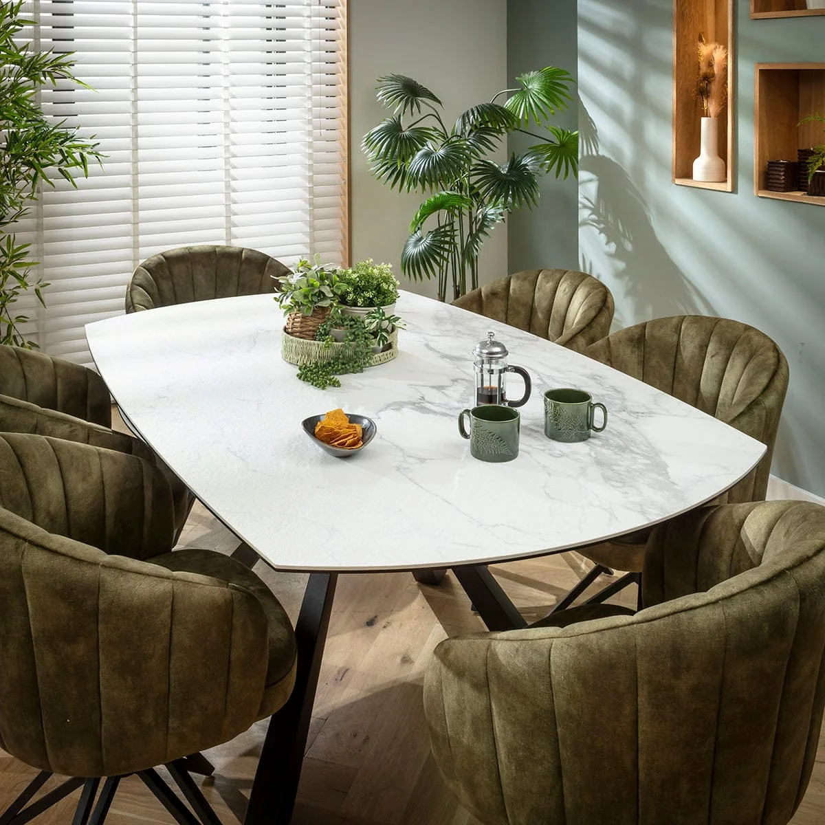 Modern Round Extendable Dining Table and Chairs 6 Seater Set Green White Ceramic – image 3