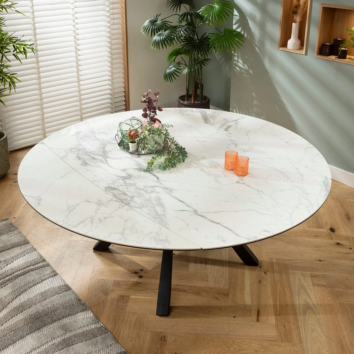 Modern Round Extendable Dining Table and Chairs 6 Seater Set Green White Ceramic – image 5