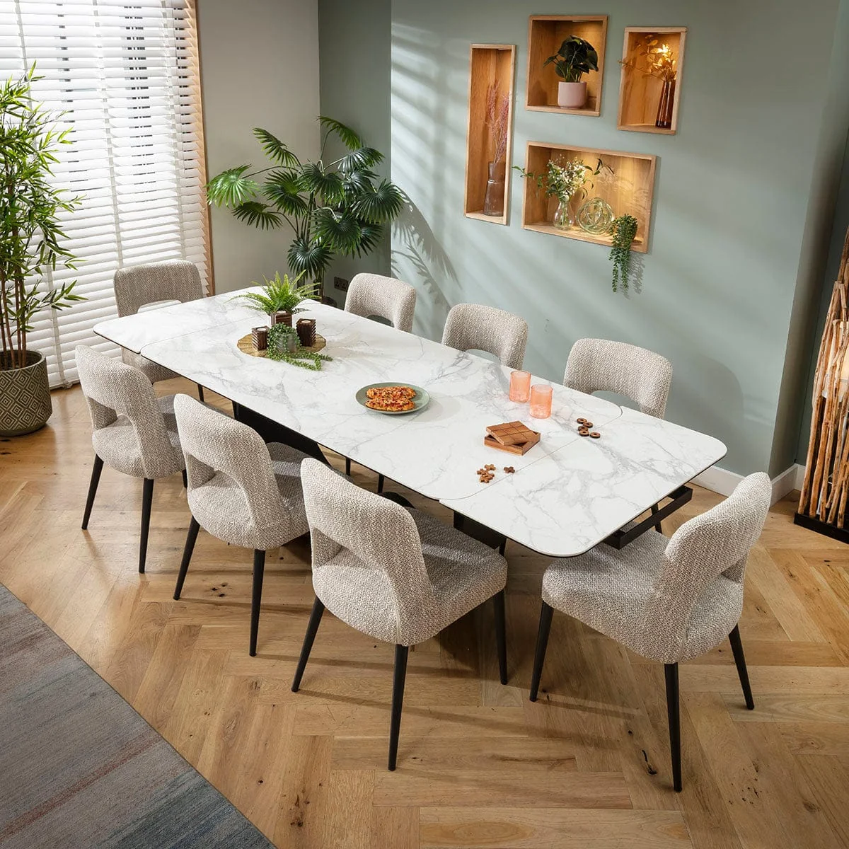 Large Extendable Dining Table and Chairs 8 Seater Set Brown & Matte White Ceramic – image 2