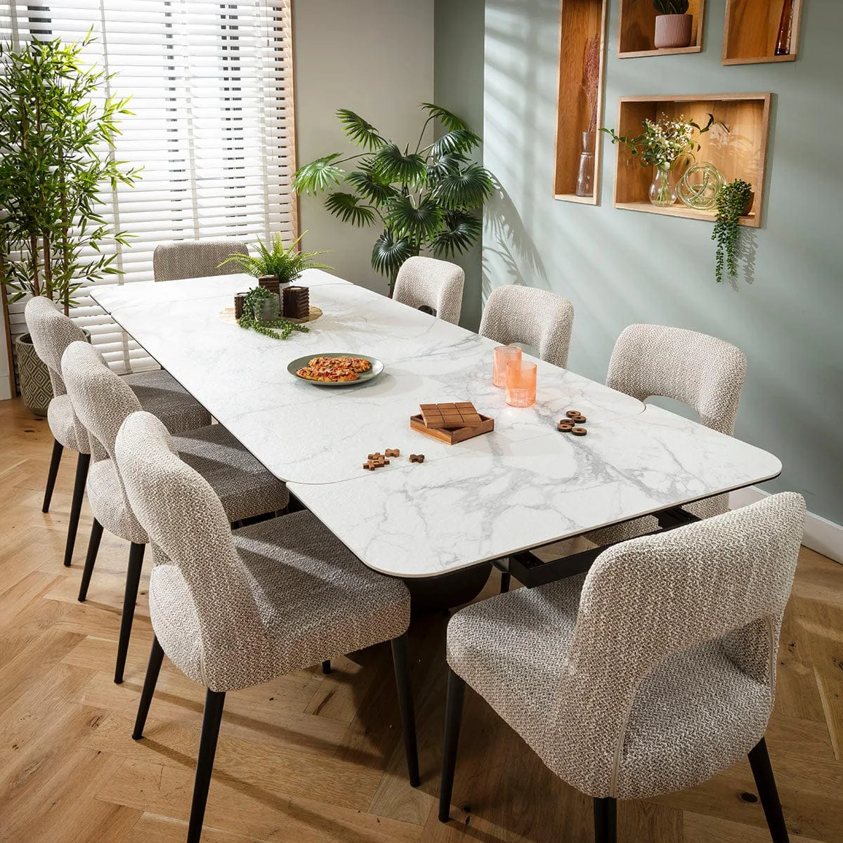 Large Extendable Dining Table and Chairs 8 Seater Set Brown & Matte White Ceramic – image 5