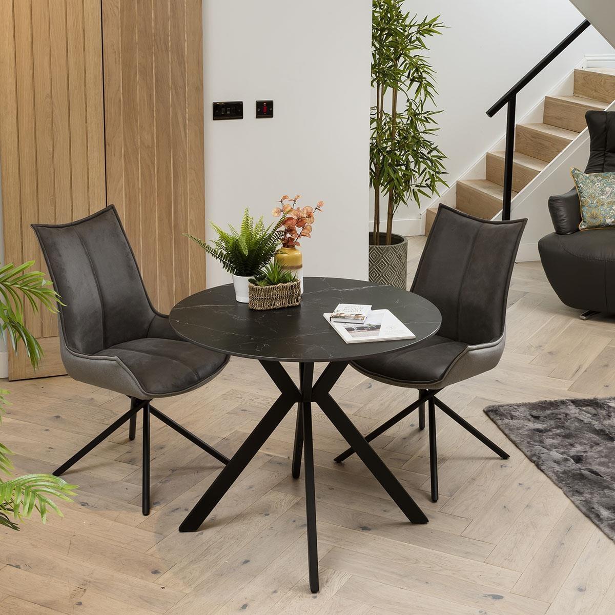 Luxury 2 Seater Round Bistro Dining Set - Black Ceramic Marble Table - Grey Chairs – image 3