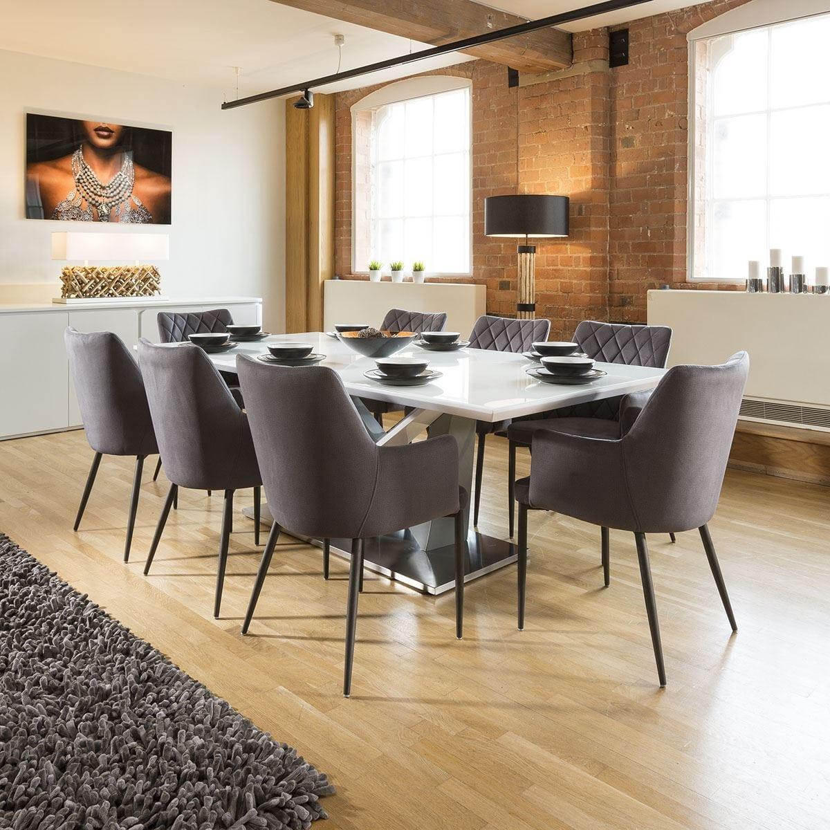 Huge 8 Seater Dining Set 2.2mt White Glass Top Table 8 Carver Grey Chairs – image 2