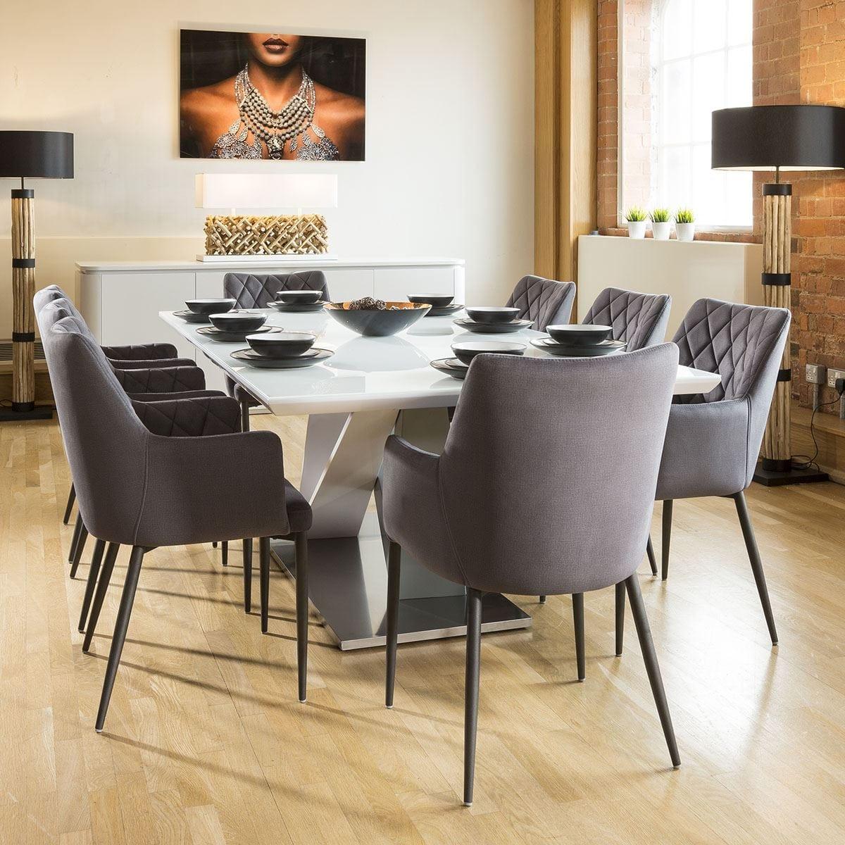 Huge 8 Seater Dining Set 2.2mt White Glass Top Table 8 Carver Grey Chairs – image 3
