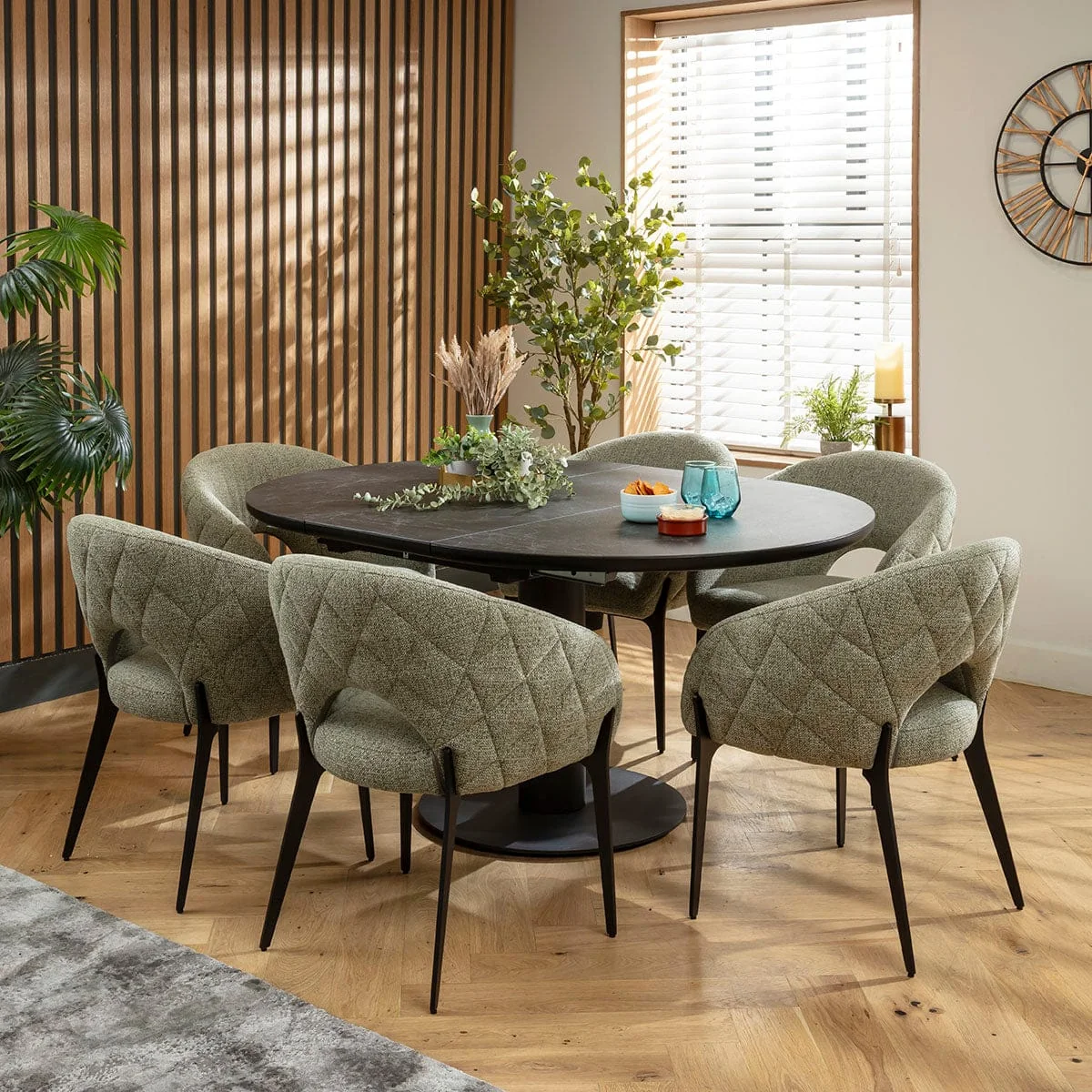 Premium Round Extendable Dining Table and Chairs 6 Seater Set Green & Black Ceramic – image 2