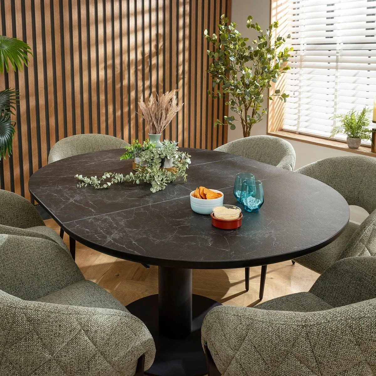 Premium Round Extendable Dining Table and Chairs 6 Seater Set Green & Black Ceramic – image 9