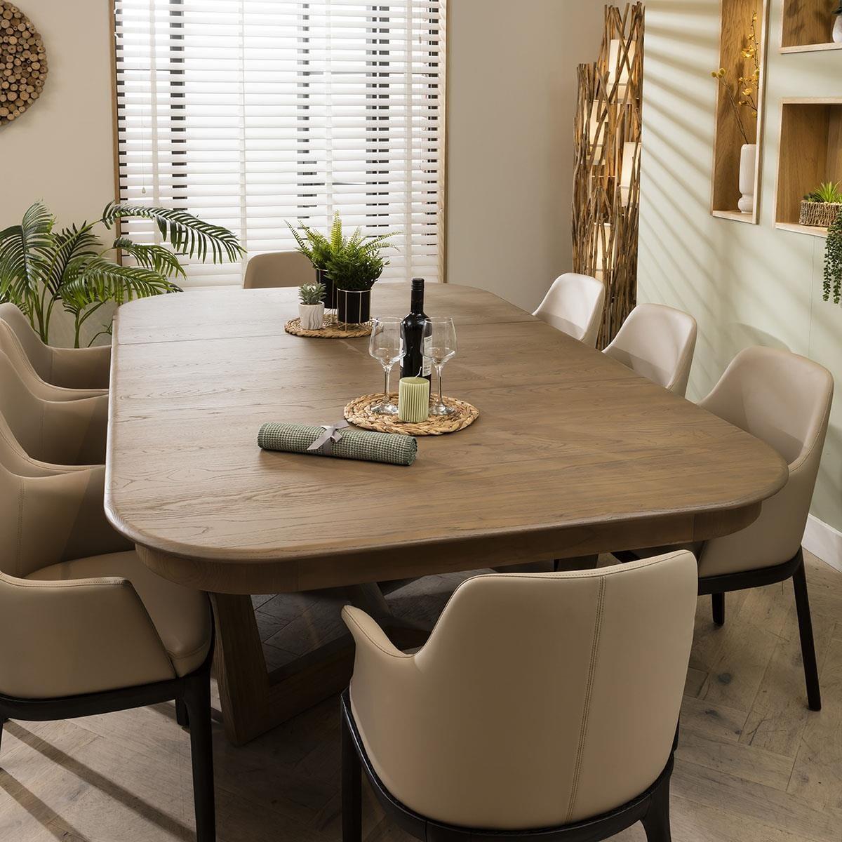 8 Seat Modern Wooden Extending Dining Table And Chairs Set Beige Leather – image 2