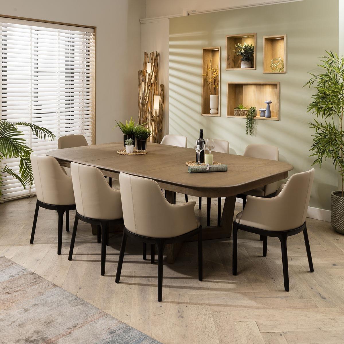 8 Seat Modern Wooden Extending Dining Table And Chairs Set Beige Leather – image 3
