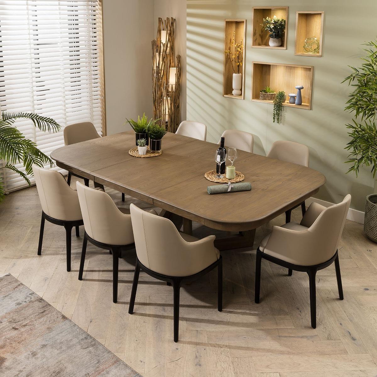 8 Seat Modern Wooden Extending Dining Table And Chairs Set Beige Leather – image 1