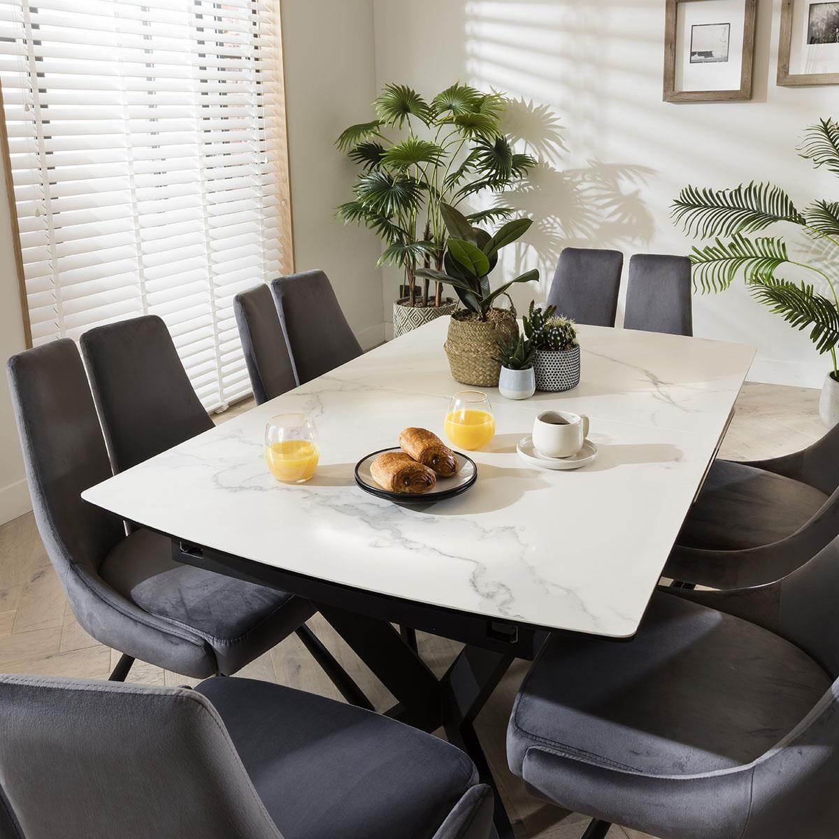 White Extendable Ceramic Dining Table & 6 Grey Designer Velvet Chairs Set – image 2