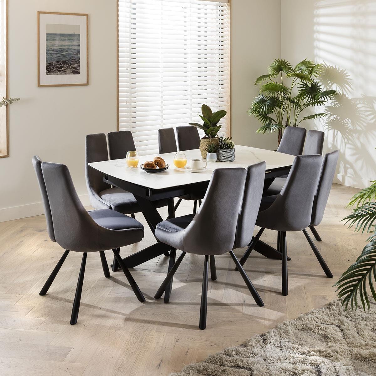 White Extendable Ceramic Dining Table & 6 Grey Designer Velvet Chairs Set – image 3
