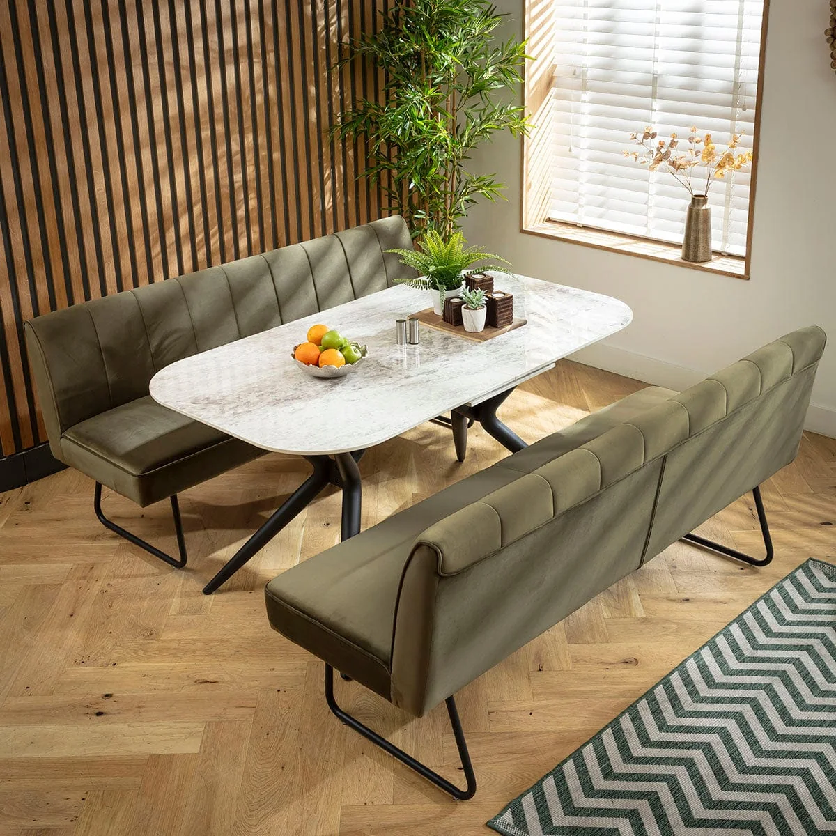 Premium 6 Seater Extendable Bench Dining Set Green & Grey Ceramic SBT – image 2