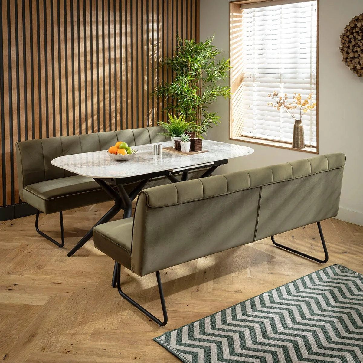Premium 6 Seater Extendable Bench Dining Set Green & Grey Ceramic SBT – image 7