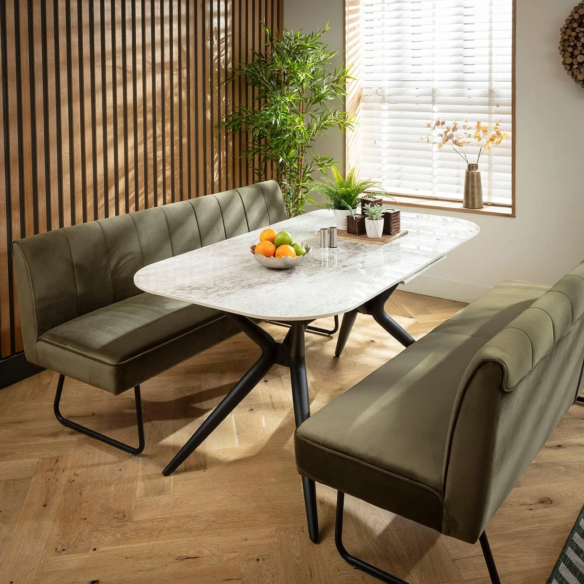 Premium 6 Seater Extendable Bench Dining Set Green & Grey Ceramic SBT – image 1