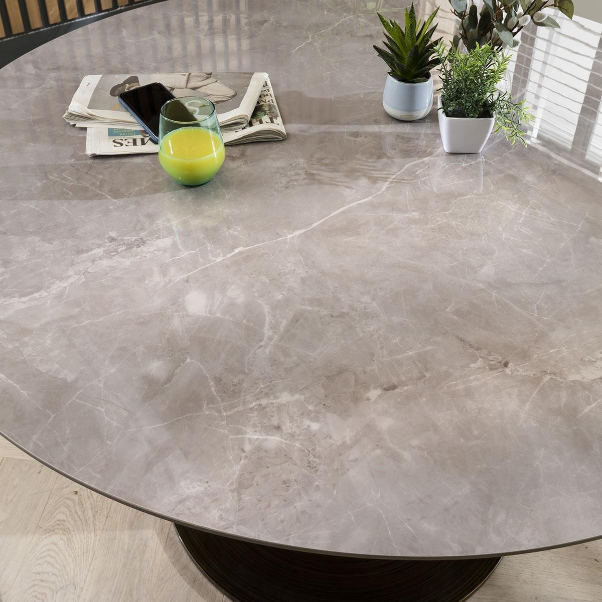 Round Modern Table And Chairs 6 Seater Dining Set -  Luxury Gold Marble Effect - Grey Chairs – image 2