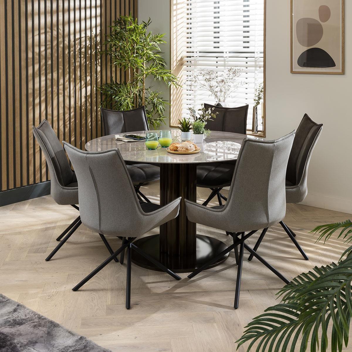 Round Modern Table And Chairs 6 Seater Dining Set -  Luxury Gold Marble Effect - Grey Chairs – image 3