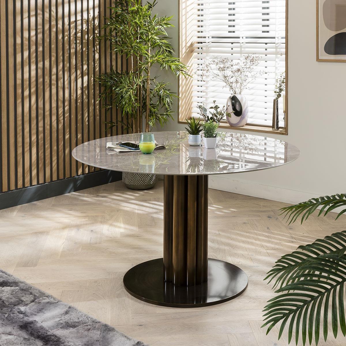 Round Modern Table And Chairs 6 Seater Dining Set -  Luxury Gold Marble Effect - Grey Chairs – image 4