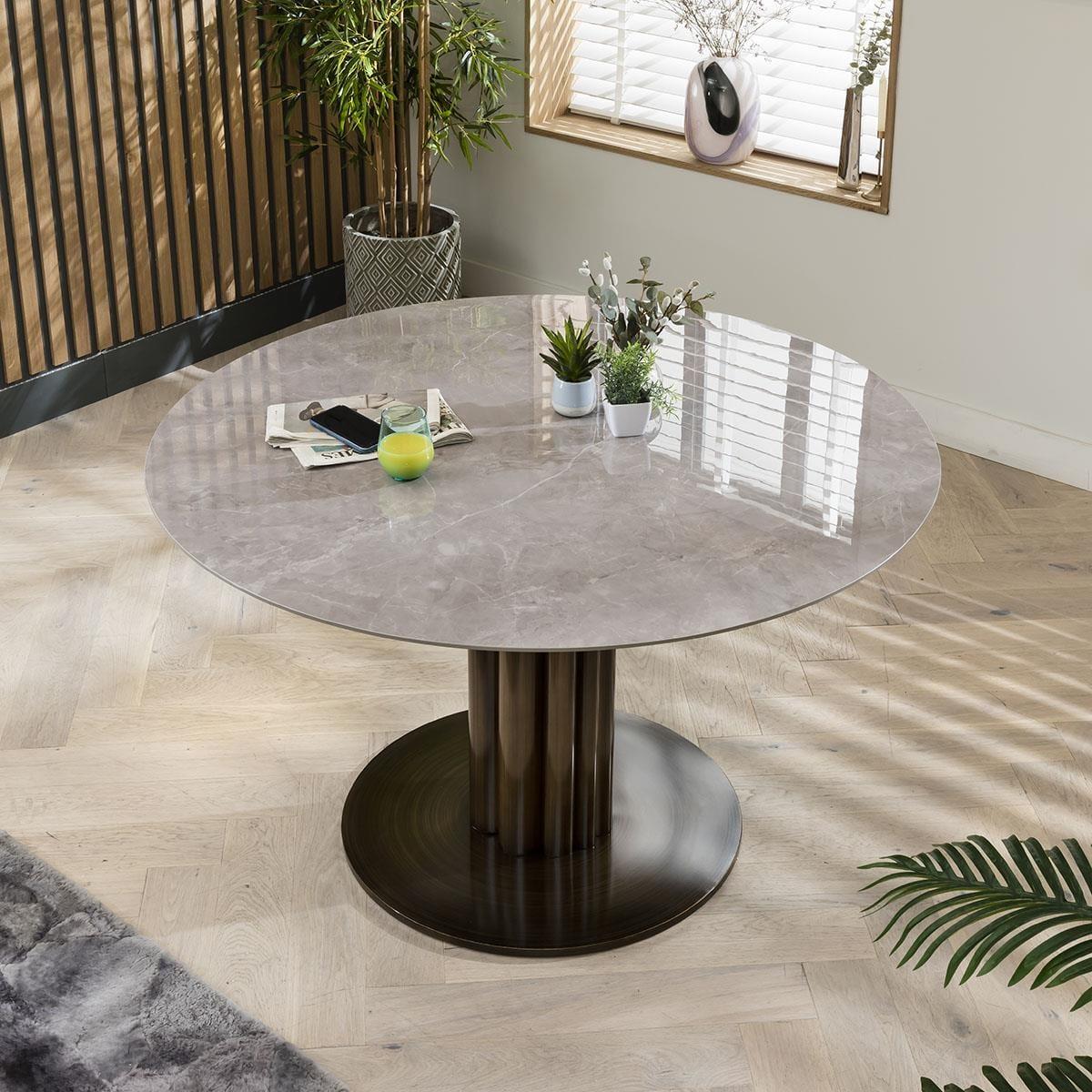 Round Modern Table And Chairs 6 Seater Dining Set -  Luxury Gold Marble Effect - Grey Chairs – image 5