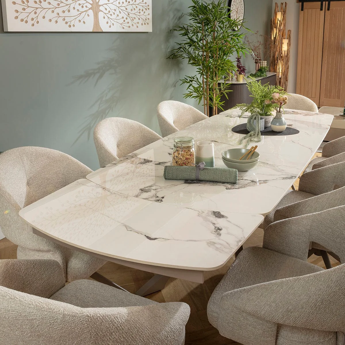 Large 8 Seater Extendable Dining Table and Chairs Set Cream White Ceramic – image 2