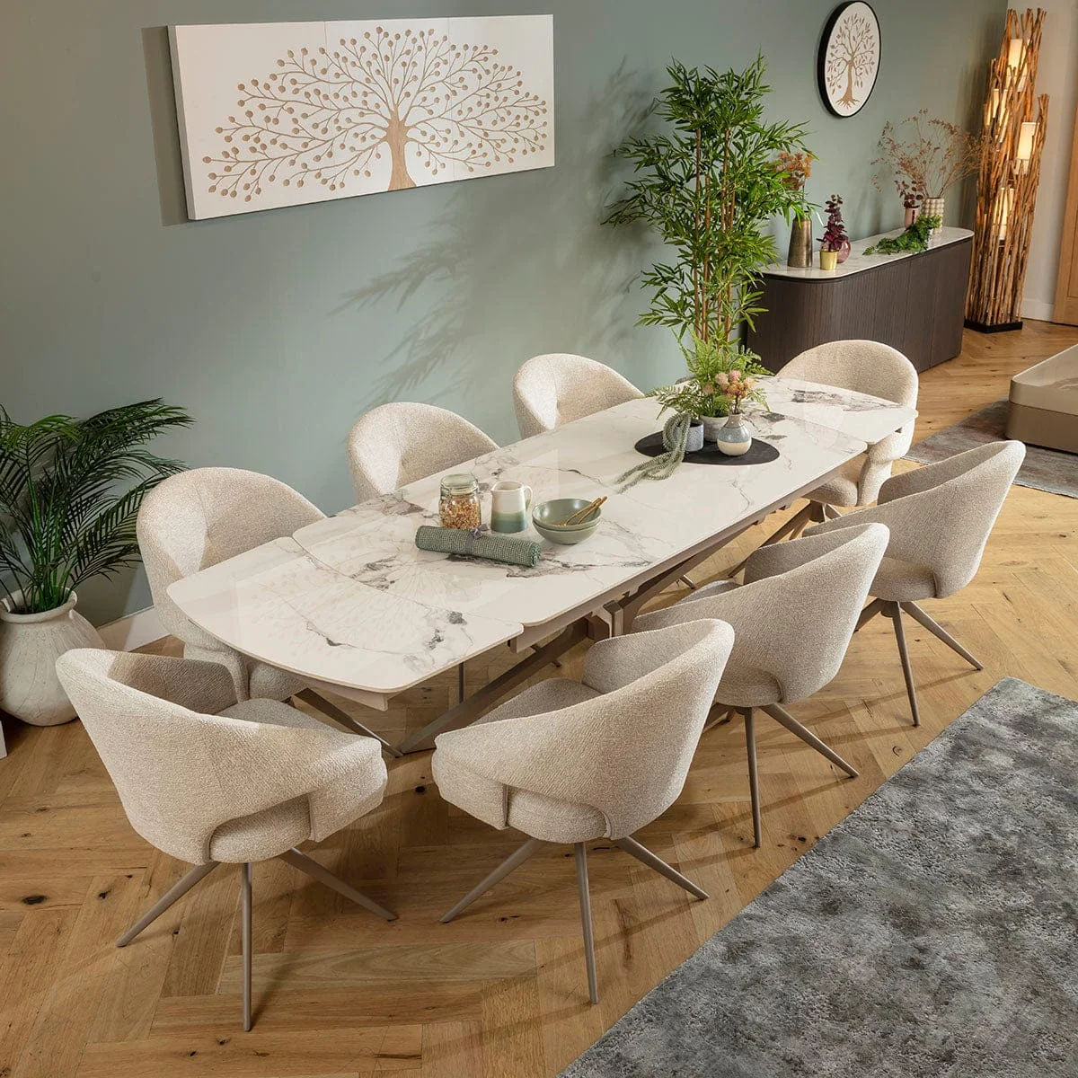 Large 8 Seater Extendable Dining Table and Chairs Set Cream White Ceramic – image 3