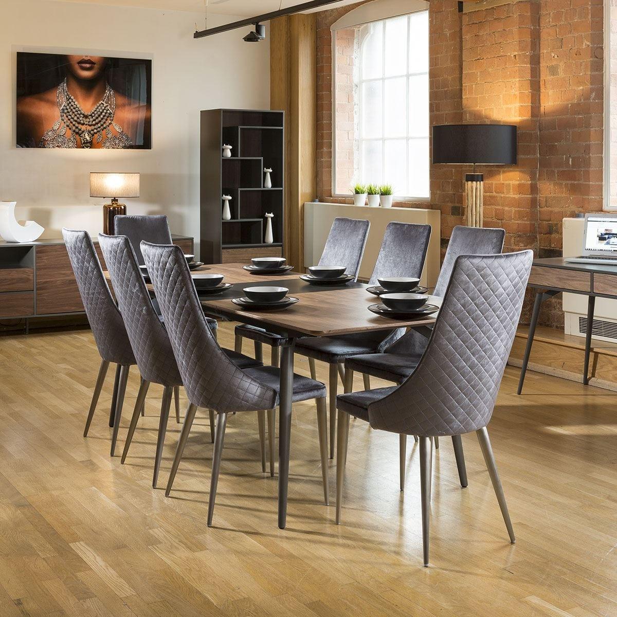 Extending Dining Table Set Walnut / Grey 8 High Back Grey Chairs – image 2