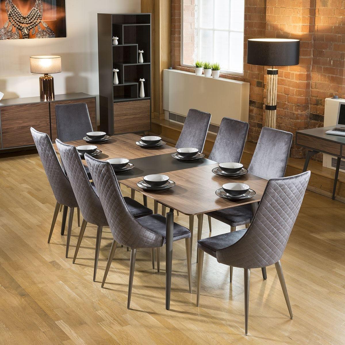 Extending Dining Table Set Walnut / Grey 8 High Back Grey Chairs – image 3