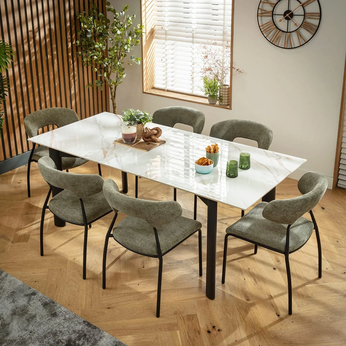 Modern Extendable Dining Table and Chairs 6 Seater Set Green & White Ceramic – image 2