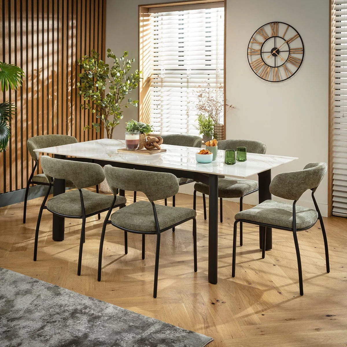 Modern Extendable Dining Table and Chairs 6 Seater Set Green & White Ceramic – image 3